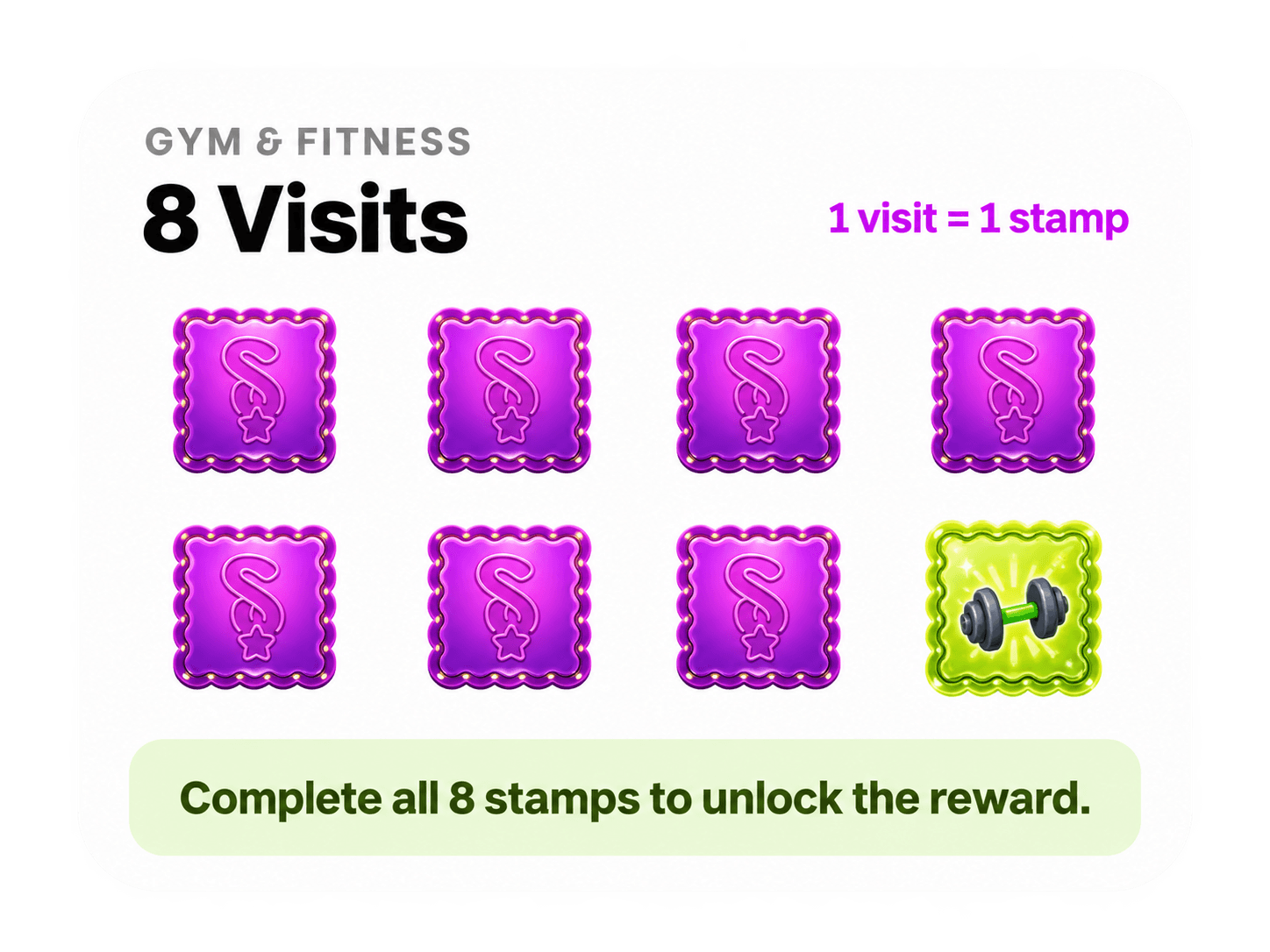 Gym loyalty card with 8 visits required to unlock a reward