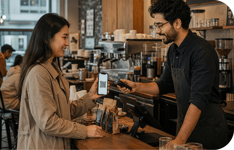 Customer using a digital loyalty card at a coffee shop