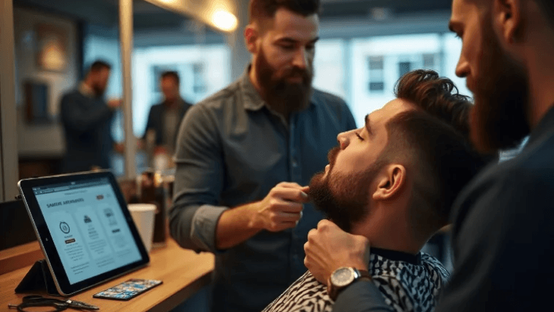Barber grooming a client’s beard