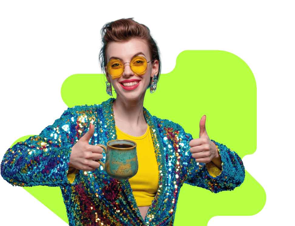 A happy Stampy business owner holding a coffee and giving a thumbs up