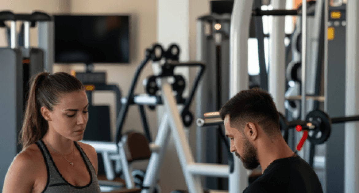 A fitness coach working with a member in a gym