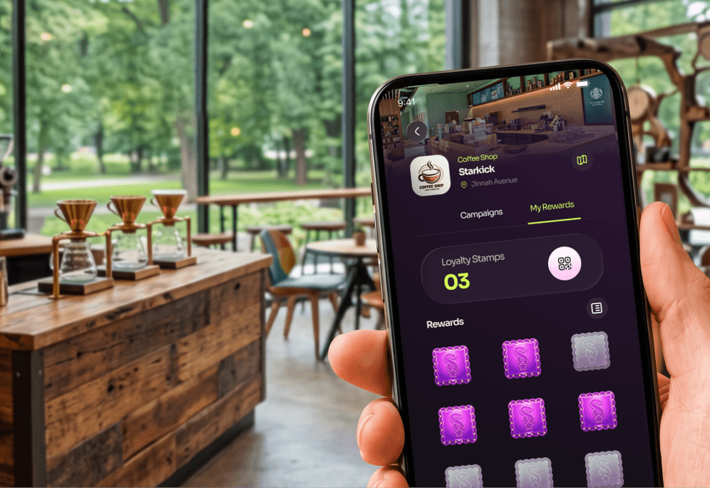 Coffee shop customer earning a digital loyalty stamp