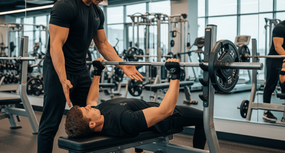 A personal trainer helping a client with a bench press